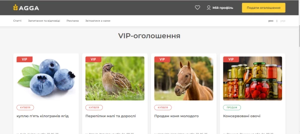 Homepage of the website, VIP announcements block